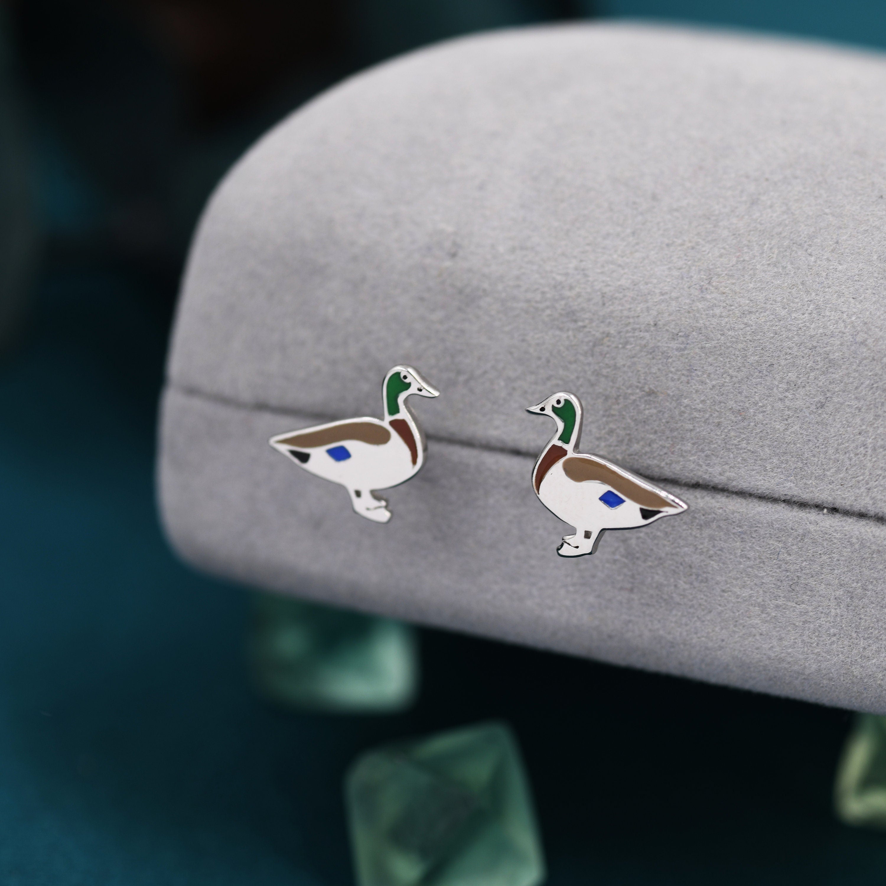 Duck Earrings, 925 Sterling 2024 Silver Earrings, Mallard Earrings, Opal Earrings