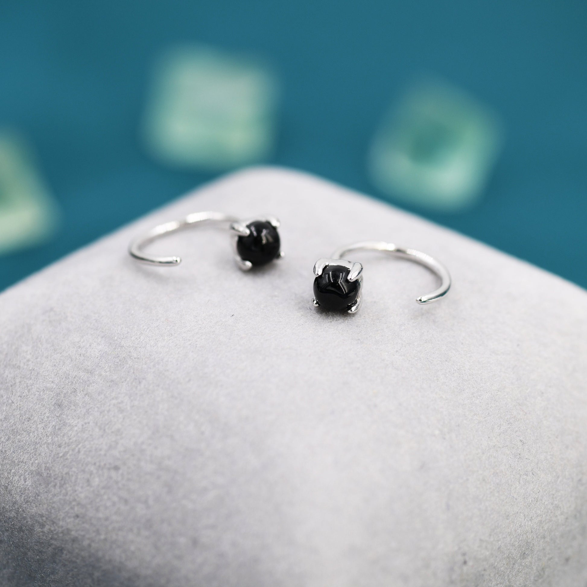 Black Onyx Huggie Hoop Earrings in Sterling Silver, 4mm Genuine Black Onyx Open Hoops, Pull Through Threaders, Half Hoops, C Shape Hoops