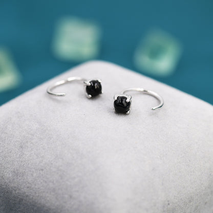 Black Onyx Huggie Hoop Earrings in Sterling Silver, 4mm Genuine Black Onyx Open Hoops, Pull Through Threaders, Half Hoops, C Shape Hoops