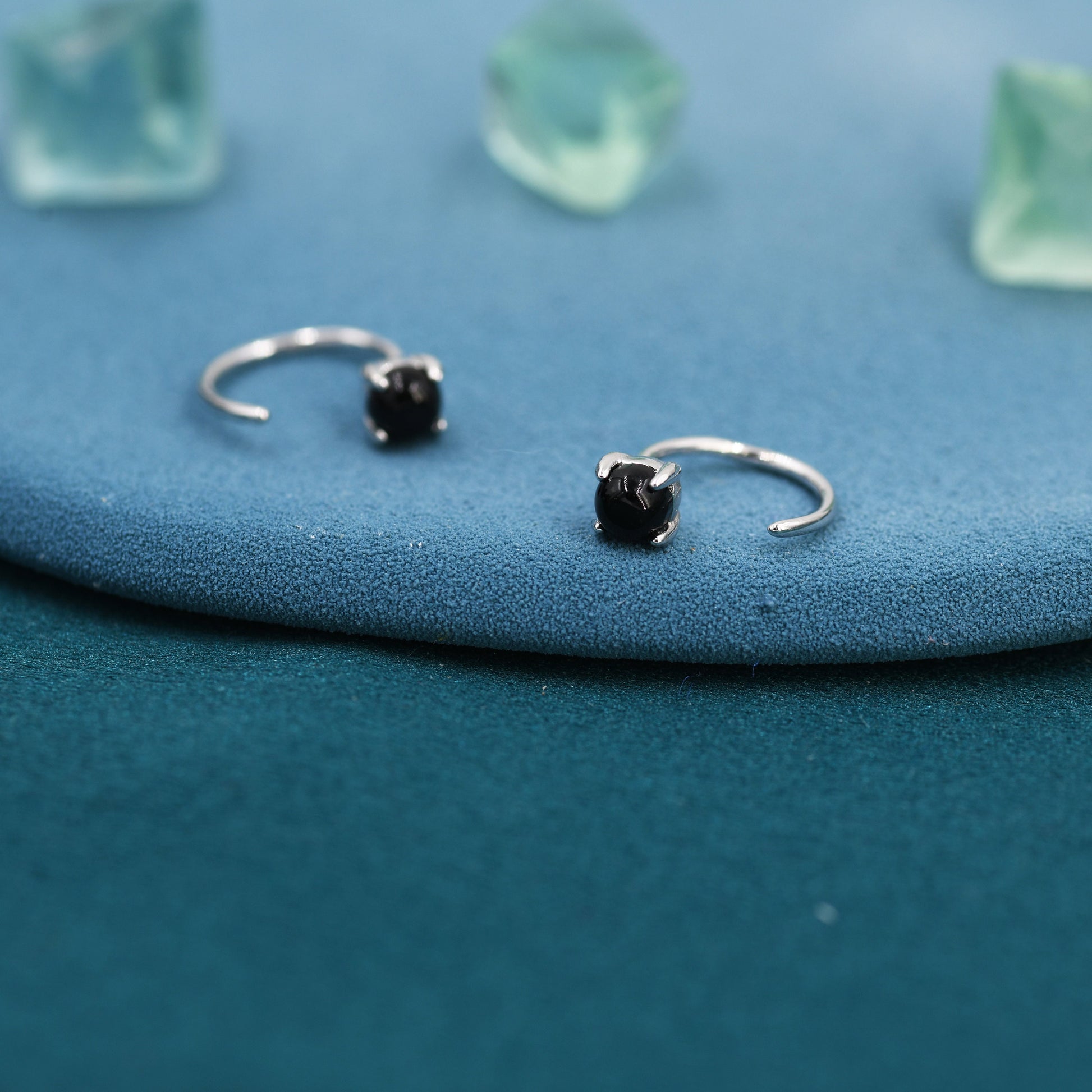 Black Onyx Huggie Hoop Earrings in Sterling Silver, 4mm Genuine Black Onyx Open Hoops, Pull Through Threaders, Half Hoops, C Shape Hoops