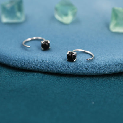 Black Onyx Huggie Hoop Earrings in Sterling Silver, 4mm Genuine Black Onyx Open Hoops, Pull Through Threaders, Half Hoops, C Shape Hoops