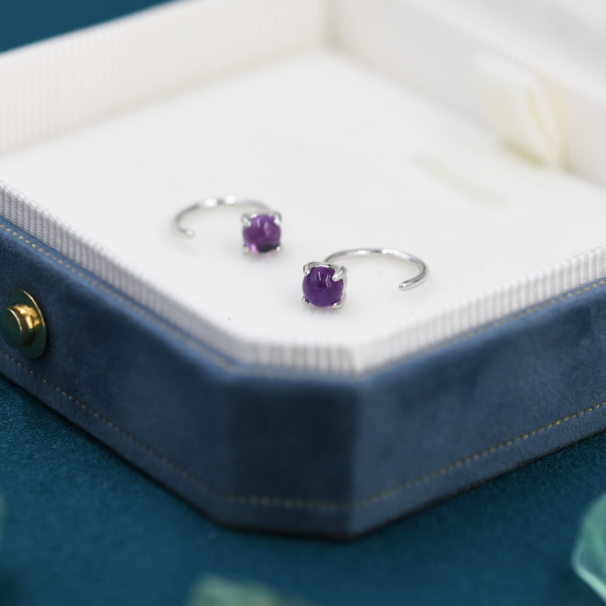 Purple Amethyst Huggie Hoop Earrings in Sterling Silver, 4mm Genuine Amethyst Open Hoops, Pull Through Threaders, Half Hoops, C Shape Hoops