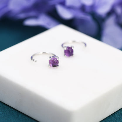 Purple Amethyst Huggie Hoop Earrings in Sterling Silver, 4mm Genuine Amethyst Open Hoops, Pull Through Threaders, Half Hoops, C Shape Hoops