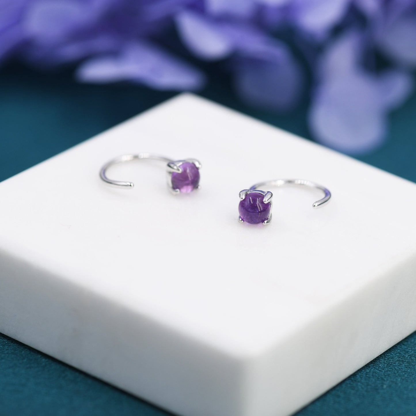Purple Amethyst Huggie Hoop Earrings in Sterling Silver, 4mm Genuine Amethyst Open Hoops, Pull Through Threaders, Half Hoops, C Shape Hoops