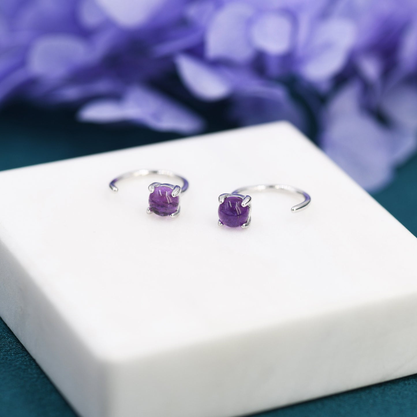 Purple Amethyst Huggie Hoop Earrings in Sterling Silver, 4mm Genuine Amethyst Open Hoops, Pull Through Threaders, Half Hoops, C Shape Hoops