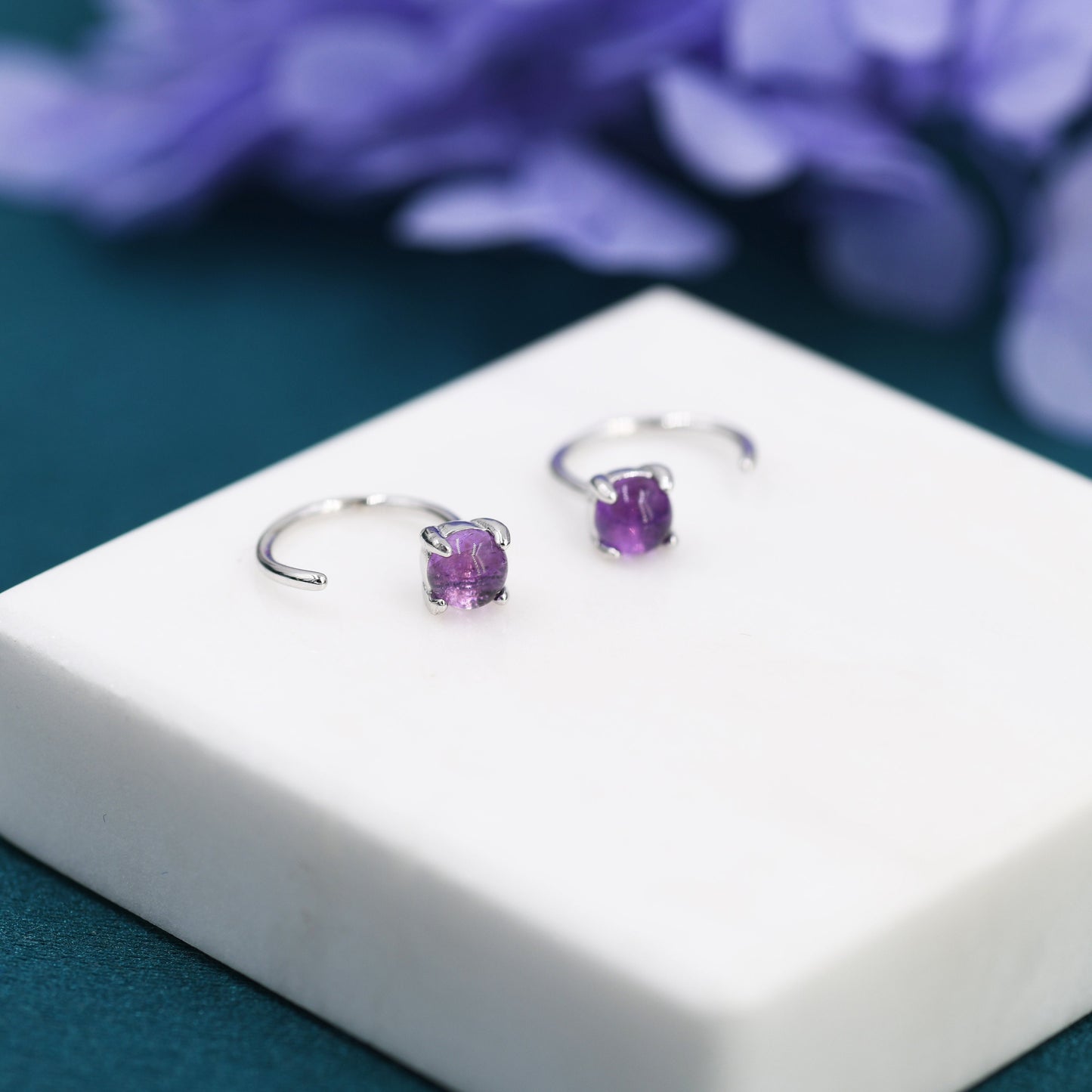 Purple Amethyst Huggie Hoop Earrings in Sterling Silver, 4mm Genuine Amethyst Open Hoops, Pull Through Threaders, Half Hoops, C Shape Hoops