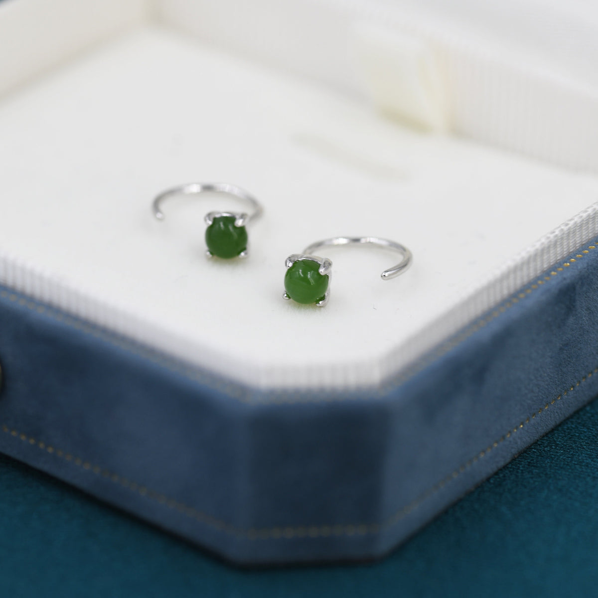 Genuine Jade Crystal Huggie Hoop Earrings in Sterling Silver, 4mm Natural Jade Open Hoops, Pull Through Threaders, Half Hoops, C Shape Hoops