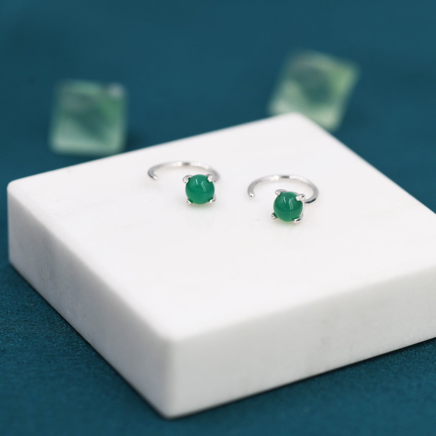 Genuine Green Onyx Huggie Hoop Earrings in Sterling Silver, 4mm Natural Green Onyx Open Hoops, Pull Through Threaders, Half Hoops, C Shape