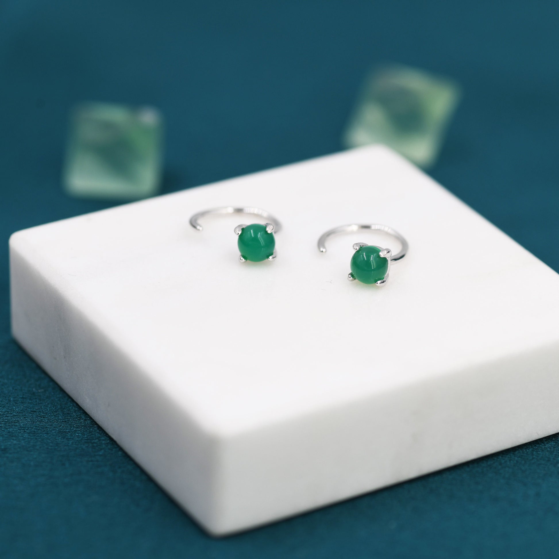 Genuine Green Onyx Huggie Hoop Earrings in Sterling Silver, 4mm Natural Green Onyx Open Hoops, Pull Through Threaders, Half Hoops, C Shape