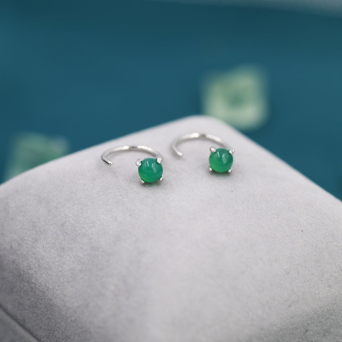 Genuine Green Onyx Huggie Hoop Earrings in Sterling Silver, 4mm Natural Green Onyx Open Hoops, Pull Through Threaders, Half Hoops, C Shape