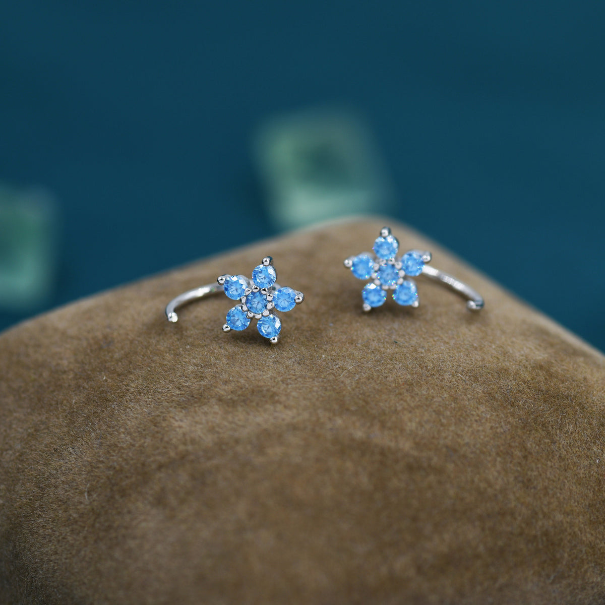Blue Forget-me-not Flower CZ Huggie Hoop Earrings in Sterling Silver, Curved Post Earrings, Open Hoops, Pull-Through Threader Earrings,