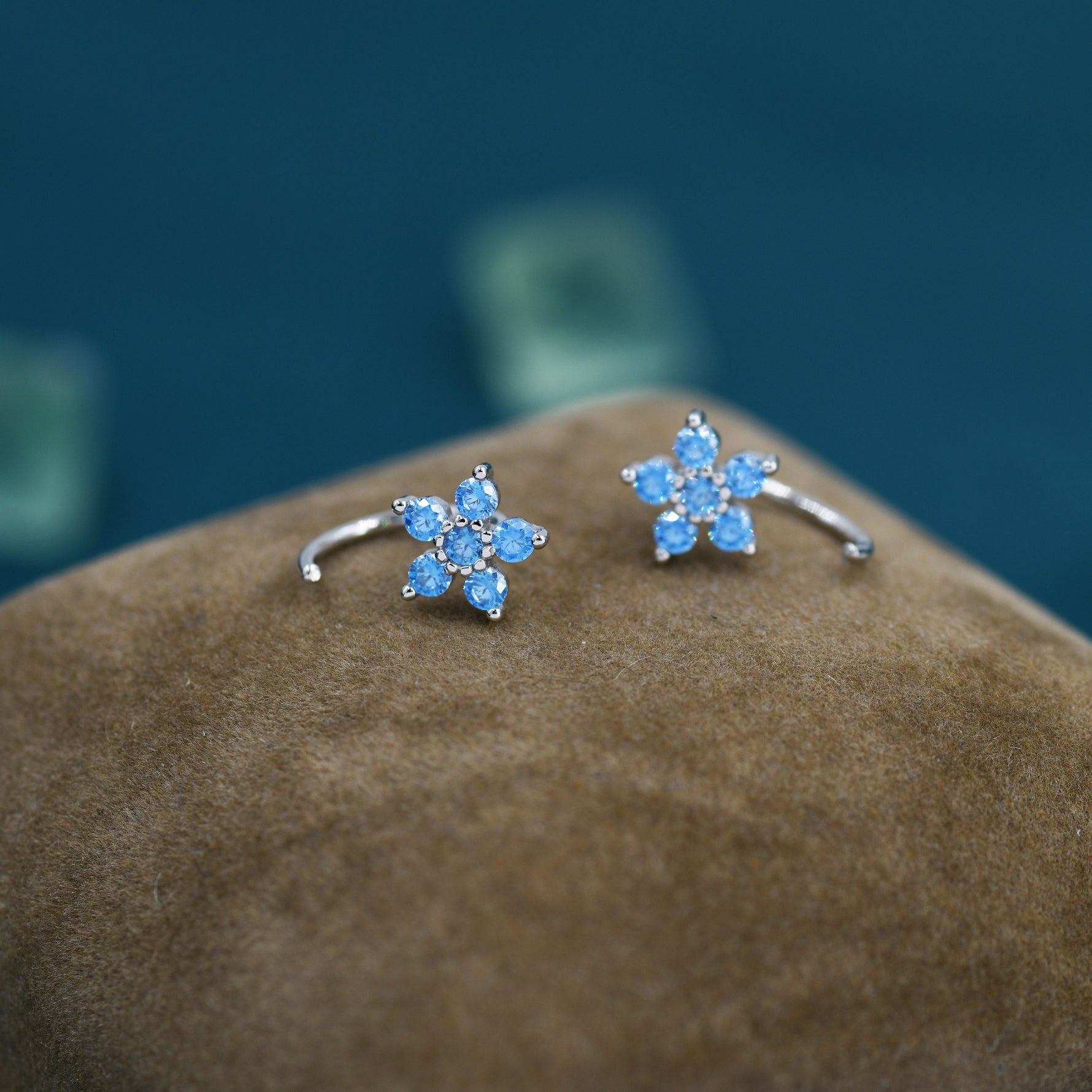Blue Forget-me-not Flower CZ Huggie Hoop Earrings in Sterling Silver, Curved Post Earrings, Open Hoops, Pull-Through Threader Earrings,