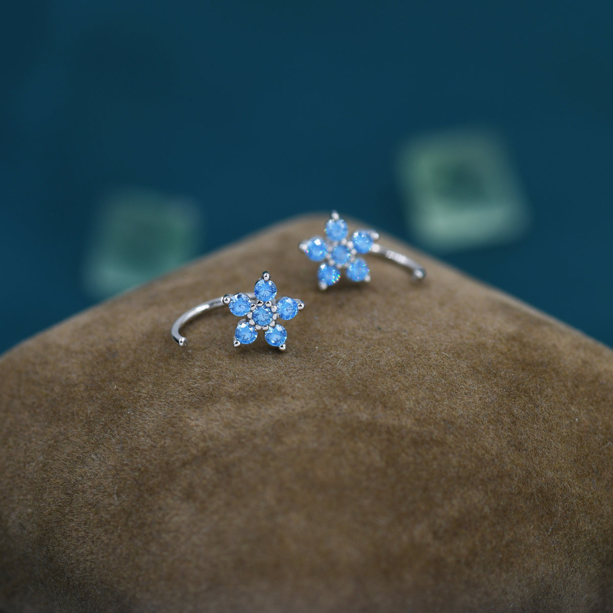 Blue Forget-me-not Flower CZ Huggie Hoop Earrings in Sterling Silver, Curved Post Earrings, Open Hoops, Pull-Through Threader Earrings,
