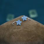 Blue Forget-me-not Flower CZ Huggie Hoop Earrings in Sterling Silver, Curved Post Earrings, Open Hoops, Pull-Through Threader Earrings,