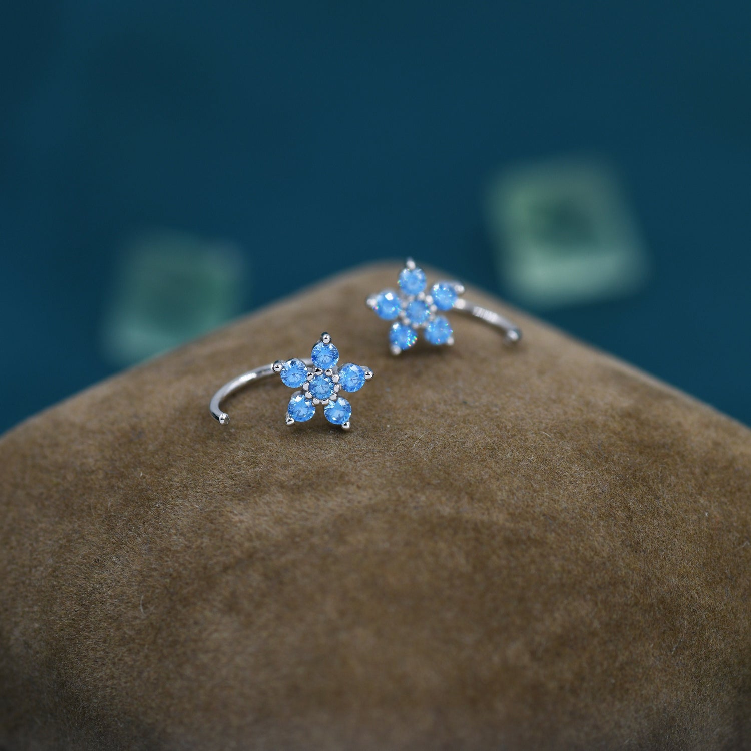 Blue Forget-me-not Flower CZ Huggie Hoop Earrings in Sterling Silver, Curved Post Earrings, Open Hoops, Pull-Through Threader Earrings,