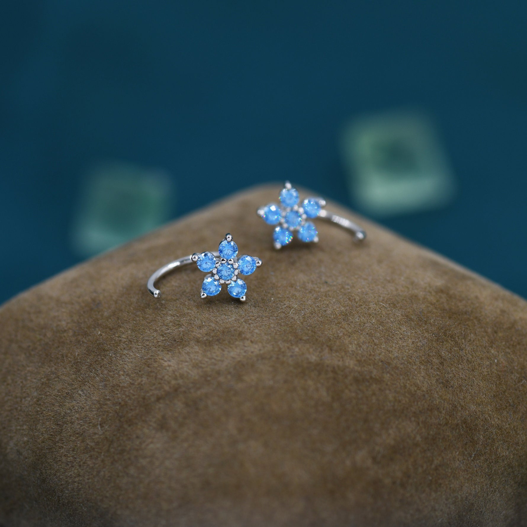 Blue Forget-me-not Flower CZ Huggie Hoop Earrings in Sterling Silver, Curved Post Earrings, Open Hoops, Pull-Through Threader Earrings,