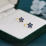 Sapphire Blue CZ Flower Huggie Hoop Earrings in Sterling Silver, Gold or Silver, CZ Flower Threader Hoop Earrings, Pull Through, C Shape