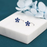 Sapphire Blue CZ Flower Huggie Hoop Earrings in Sterling Silver, Gold or Silver, CZ Flower Threader Hoop Earrings, Pull Through, C Shape