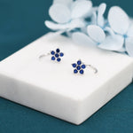 Sapphire Blue CZ Flower Huggie Hoop Earrings in Sterling Silver, Gold or Silver, CZ Flower Threader Hoop Earrings, Pull Through, C Shape