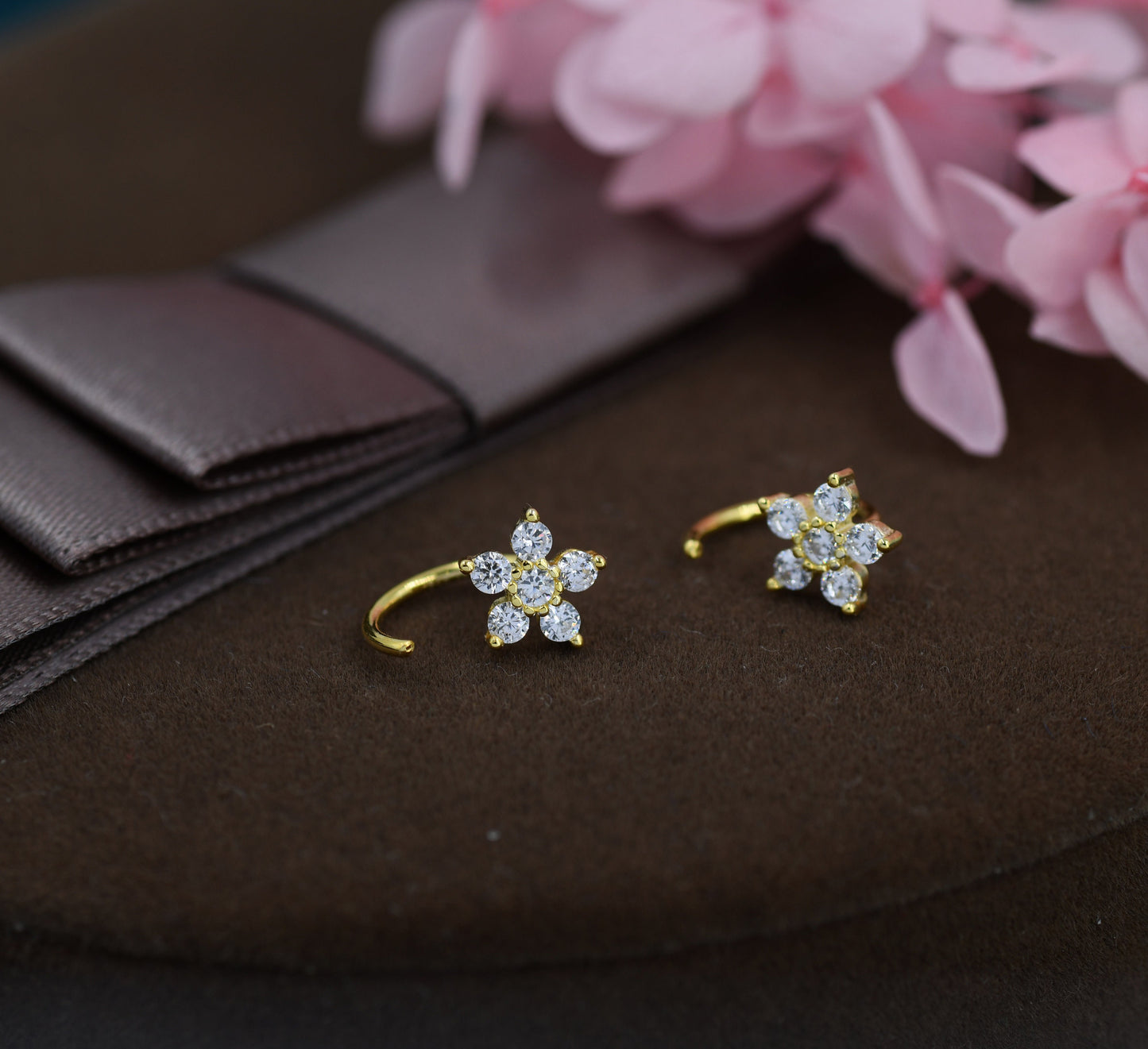 CZ Flower Huggie Hoop Earrings in Sterling Silver, Gold or Silver, CZ Flower Threader Hoop Earrings, Pull Through, C Shape
