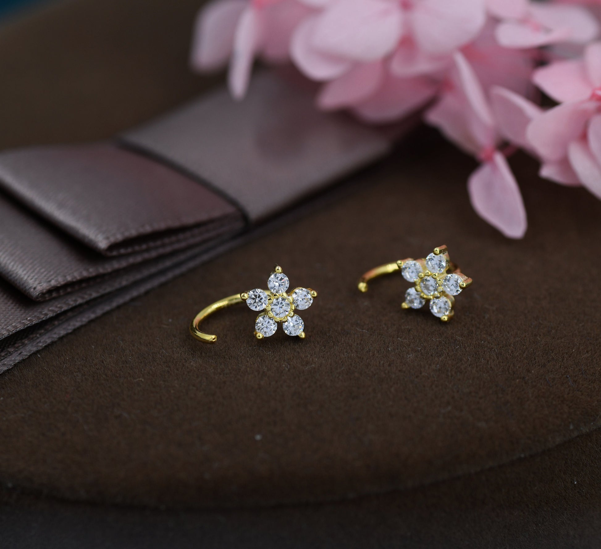 CZ Flower Huggie Hoop Earrings in Sterling Silver, Gold or Silver, CZ Flower Threader Hoop Earrings, Pull Through, C Shape