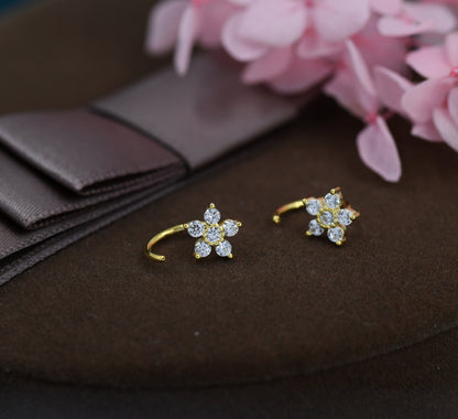 CZ Flower Huggie Hoop Earrings in Sterling Silver, Gold or Silver, CZ Flower Threader Hoop Earrings, Pull Through, C Shape