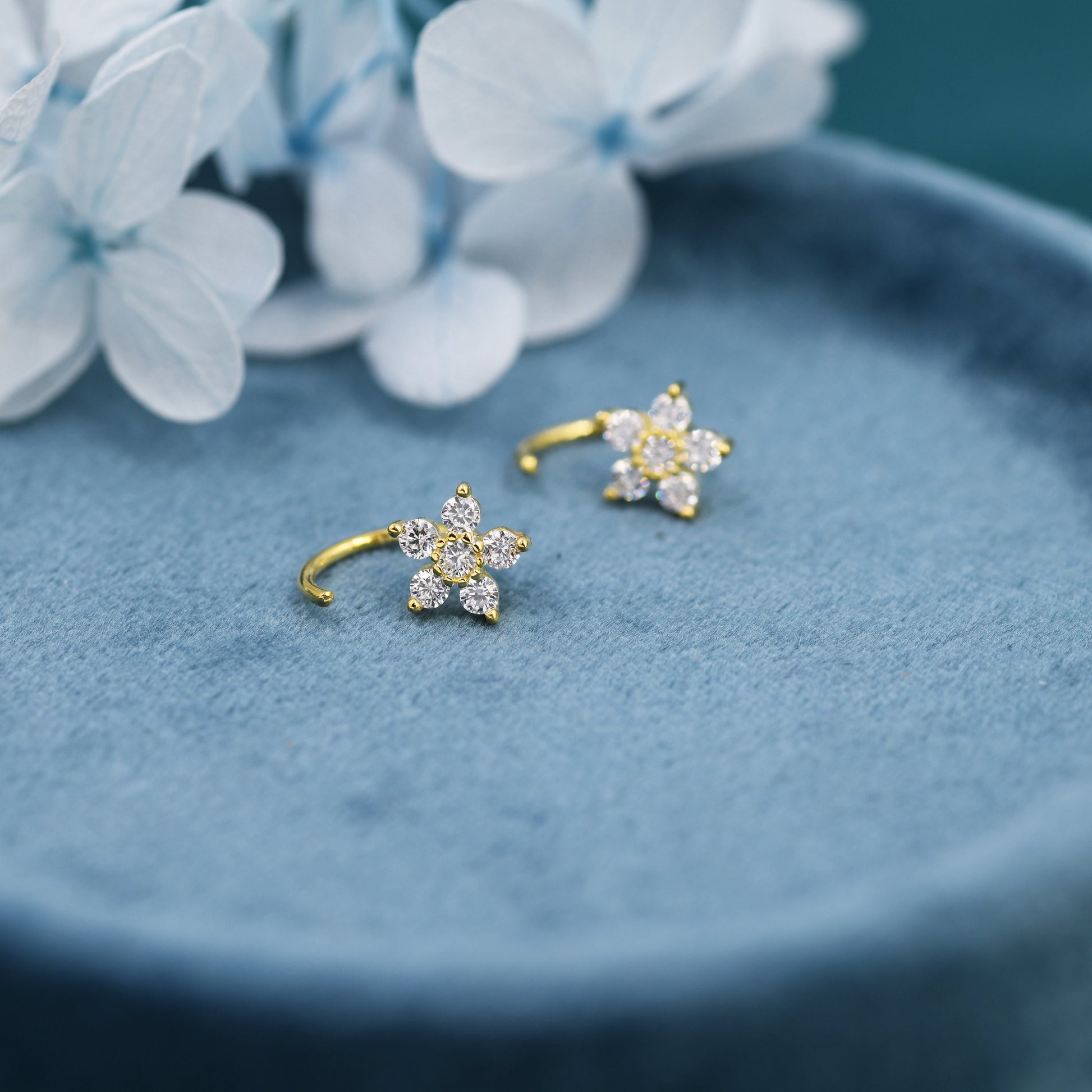 CZ Flower Huggie Hoop Earrings in Sterling Silver, Gold or Silver, CZ Flower Threader Hoop Earrings, Pull Through, C Shape