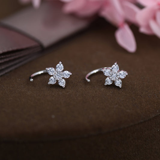 CZ Flower Huggie Hoop Earrings in Sterling Silver,  Gold or Silver, CZ Flower Threader Hoop Earrings, Pull Through, C Shape