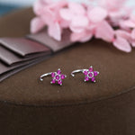 Pink CZ Flower Huggie Hoop Earrings in Sterling Silver, Gold or Silver, CZ Flower Threader Hoop Earrings, Pull Through, C Shape