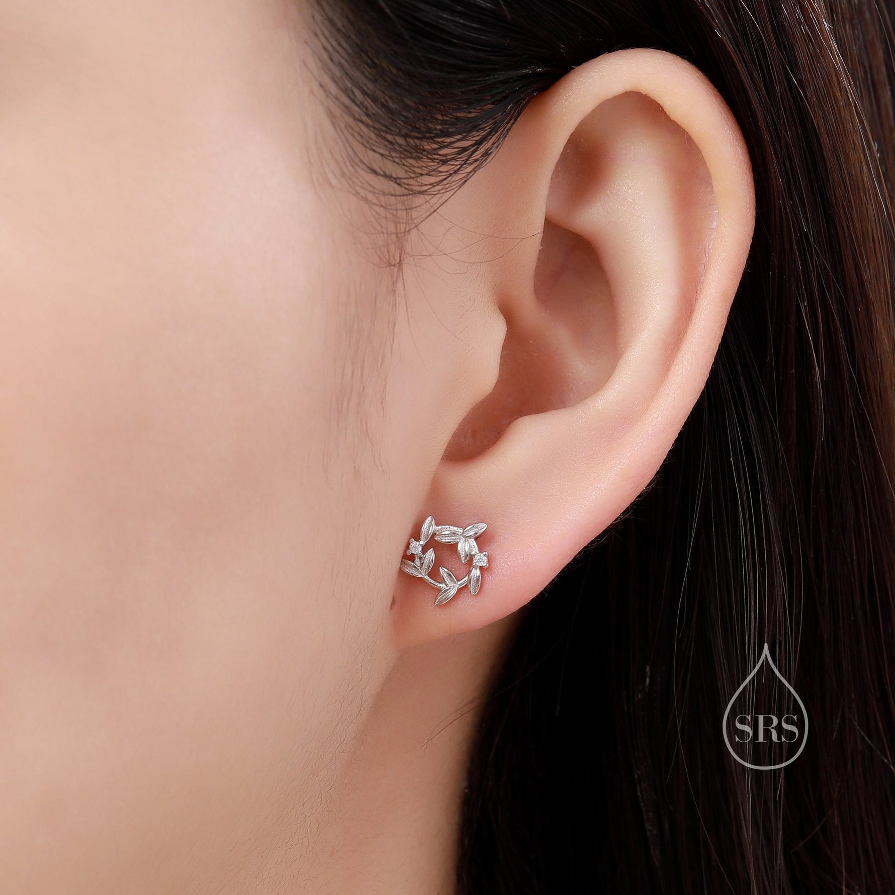 Sterling Silver Tiny Wreath Stud Earrings - Silver or Gold, CZ Circle Flower Stud Earrings, Wedding, Bridal, Christmas Earrings