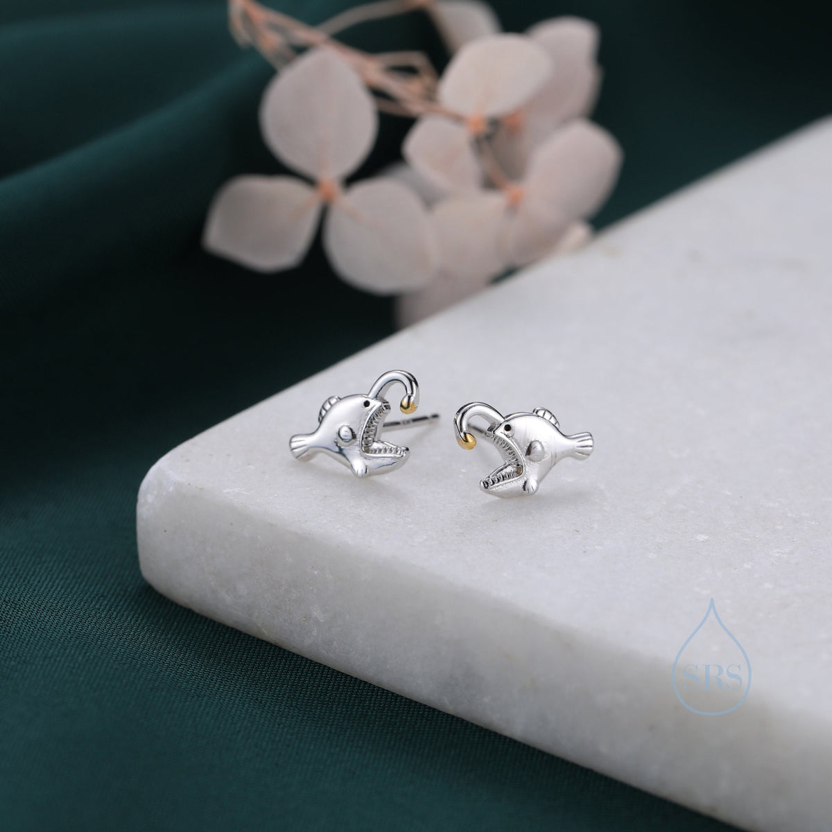 Anglerfish Stud Earrings in Sterling Silver, Anglerfish Earrings, Fish Earrings, Silver Fish Stud, Cute and Quirky Animal Earrings