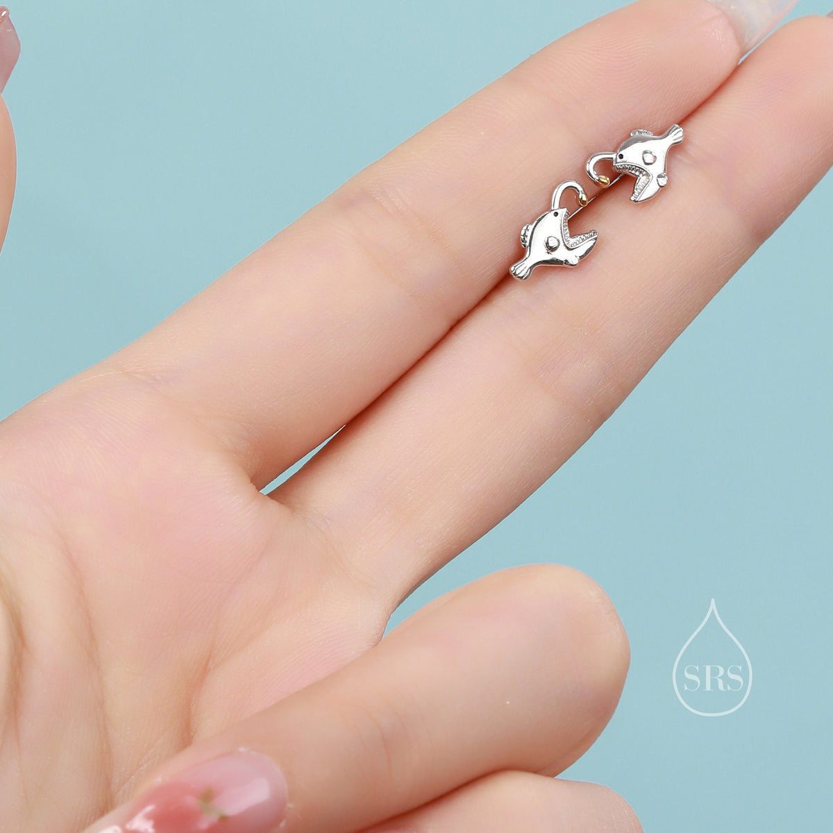 Anglerfish Stud Earrings in Sterling Silver, Anglerfish Earrings, Fish Earrings, Silver Fish Stud, Cute and Quirky Animal Earrings