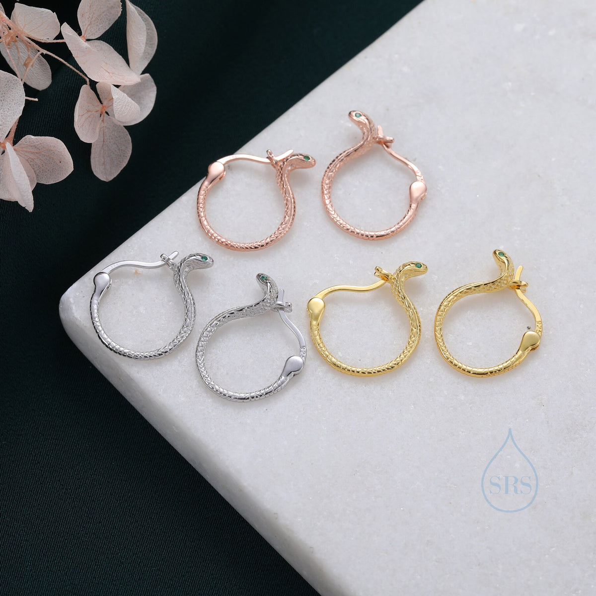 Cobra Snake Huggie Hoops in Sterling Silver, Gold, Rose Gold or Black, 8mm or 12mm, Snake Earrings, Snake Hoops