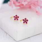 Pink CZ Flower Huggie Hoop Earrings in Sterling Silver, Gold or Silver, CZ Flower Threader Hoop Earrings, Pull Through, C Shape