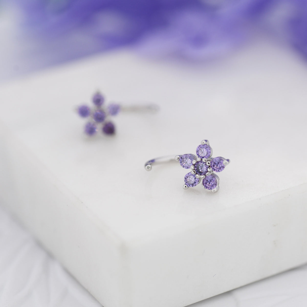 Amethyst Purple CZ Flower Huggie Hoop Earrings in Sterling Silver, Gold or Silver, CZ Flower Threader Hoop Earrings, Pull Through, C Shape