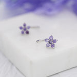 Amethyst Purple CZ Flower Huggie Hoop Earrings in Sterling Silver, Gold or Silver, CZ Flower Threader Hoop Earrings, Pull Through, C Shape