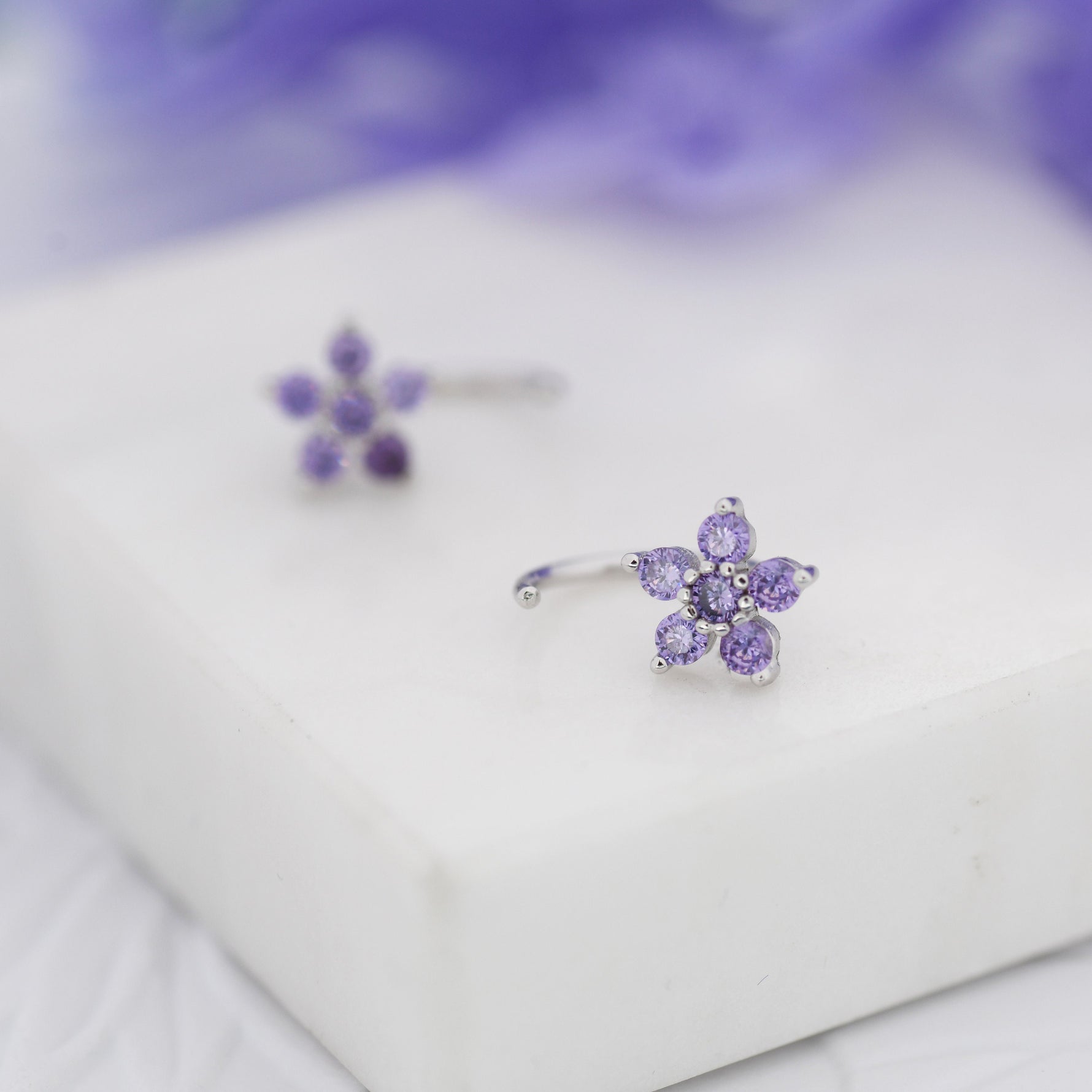 Amethyst Purple CZ Flower Huggie Hoop Earrings in Sterling Silver, Gold or Silver, CZ Flower Threader Hoop Earrings, Pull Through, C Shape