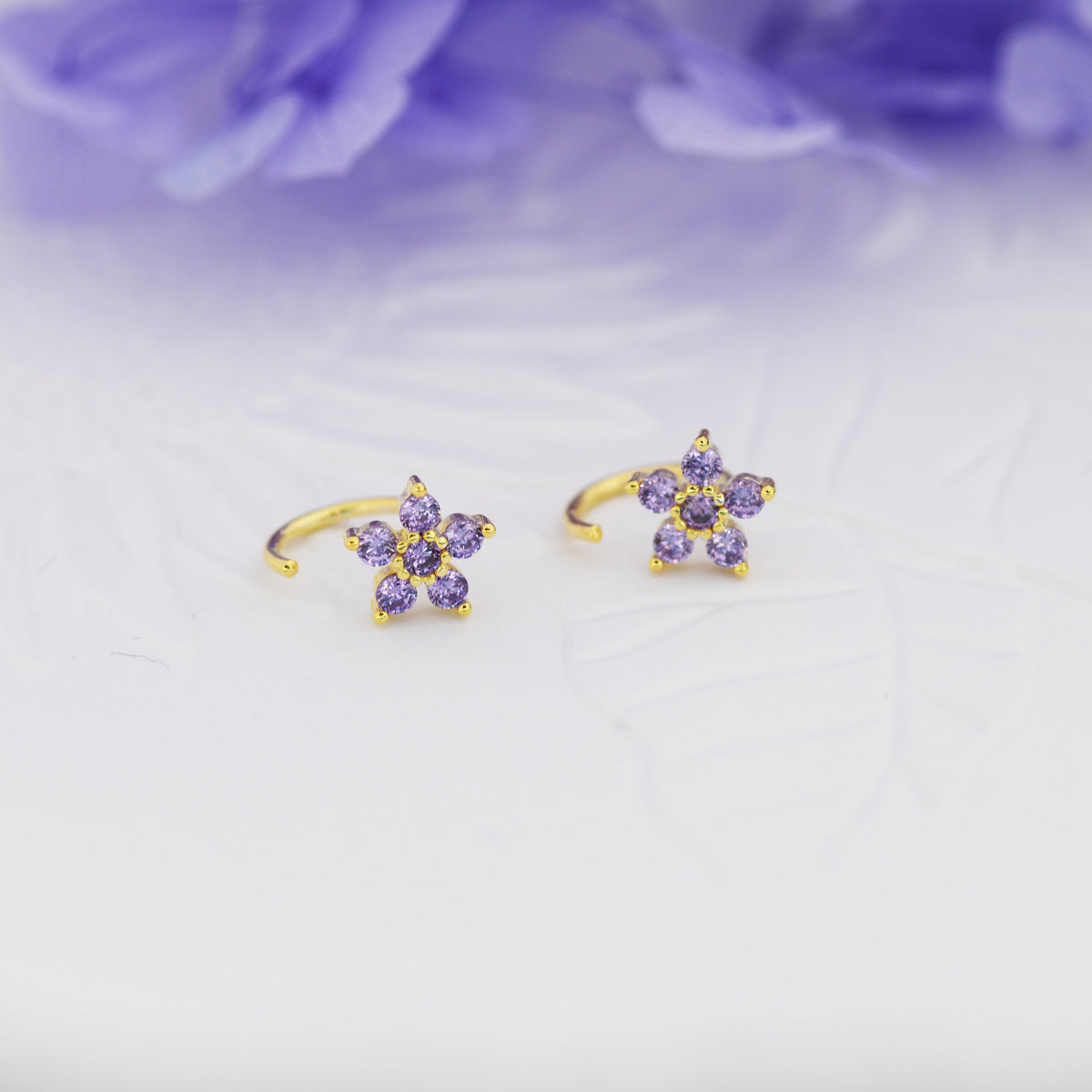 Amethyst Purple CZ Flower Huggie Hoop Earrings in Sterling Silver, Gold or Silver, CZ Flower Threader Hoop Earrings, Pull Through, C Shape