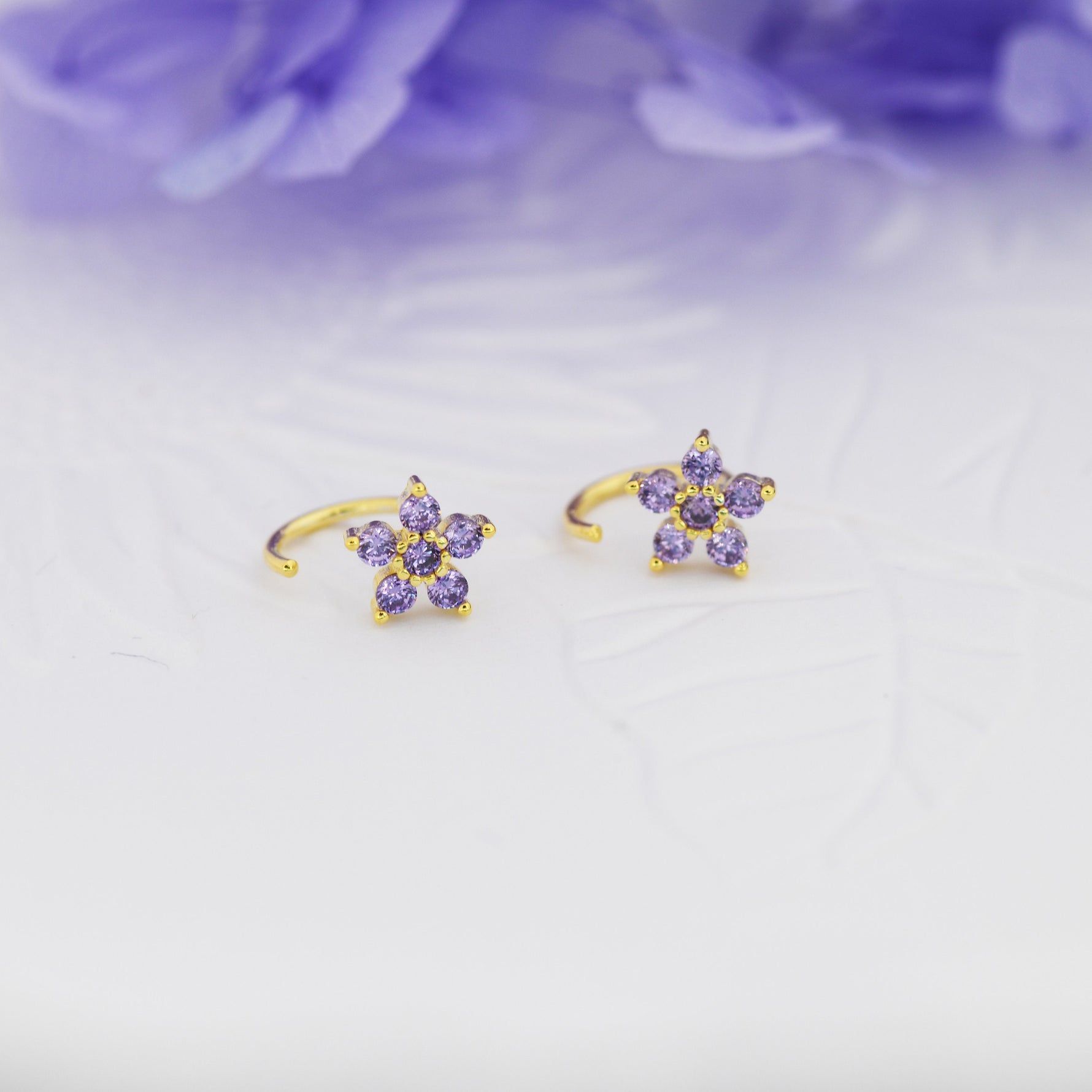 Amethyst Purple CZ Flower Huggie Hoop Earrings in Sterling Silver, Gold or Silver, CZ Flower Threader Hoop Earrings, Pull Through, C Shape