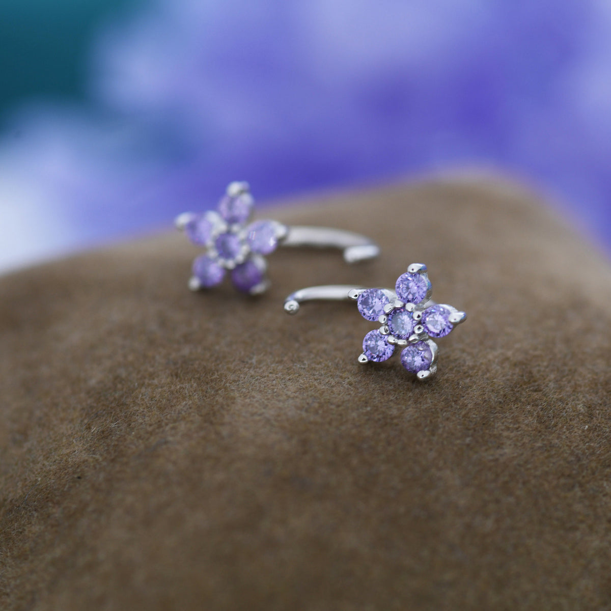 Amethyst Purple CZ Flower Huggie Hoop Earrings in Sterling Silver, Gold or Silver, CZ Flower Threader Hoop Earrings, Pull Through, C Shape