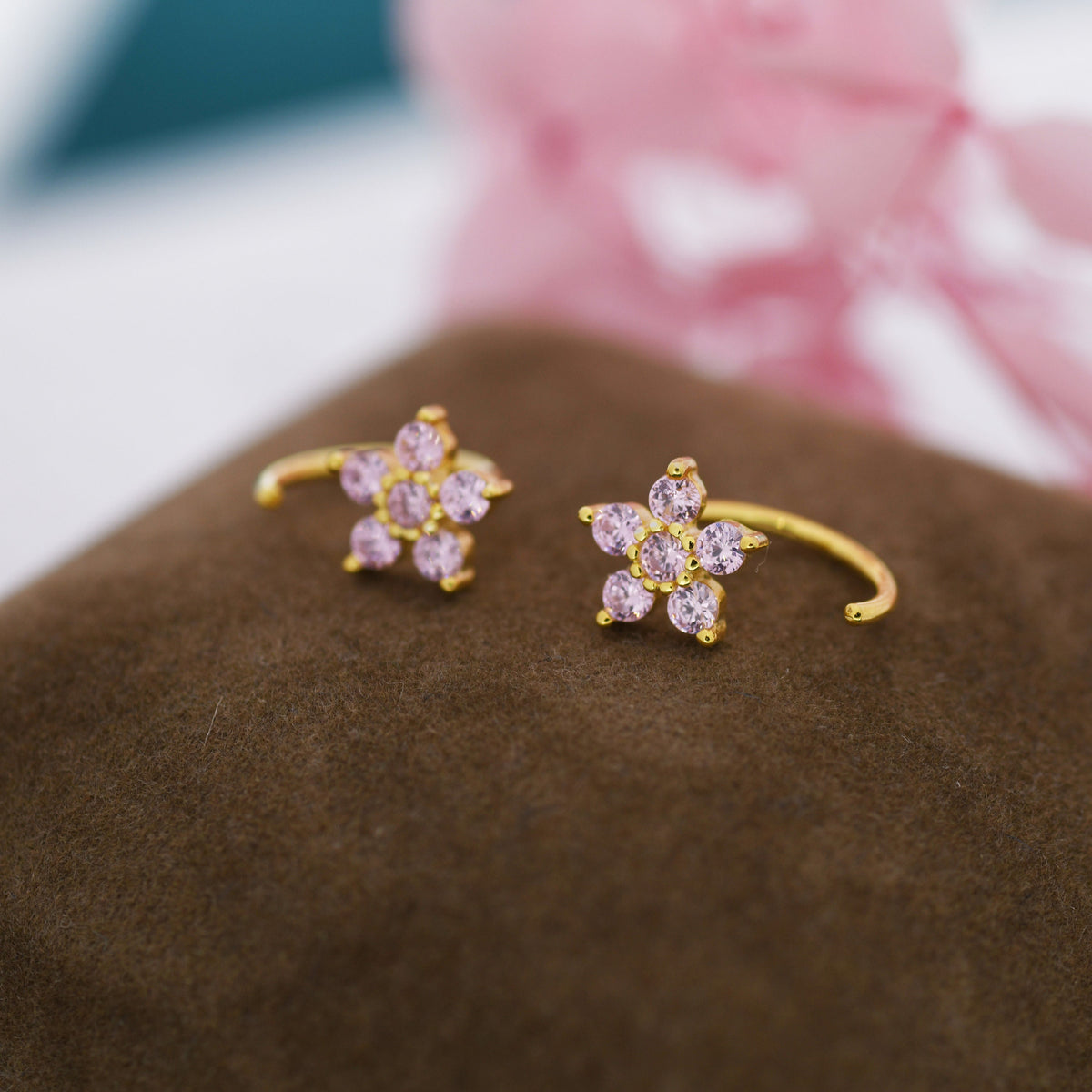 Light Pink CZ Flower Huggie Hoop Earrings in Sterling Silver, Gold or Silver, CZ Flower Threader Hoop Earrings, Pull Through, C Shape