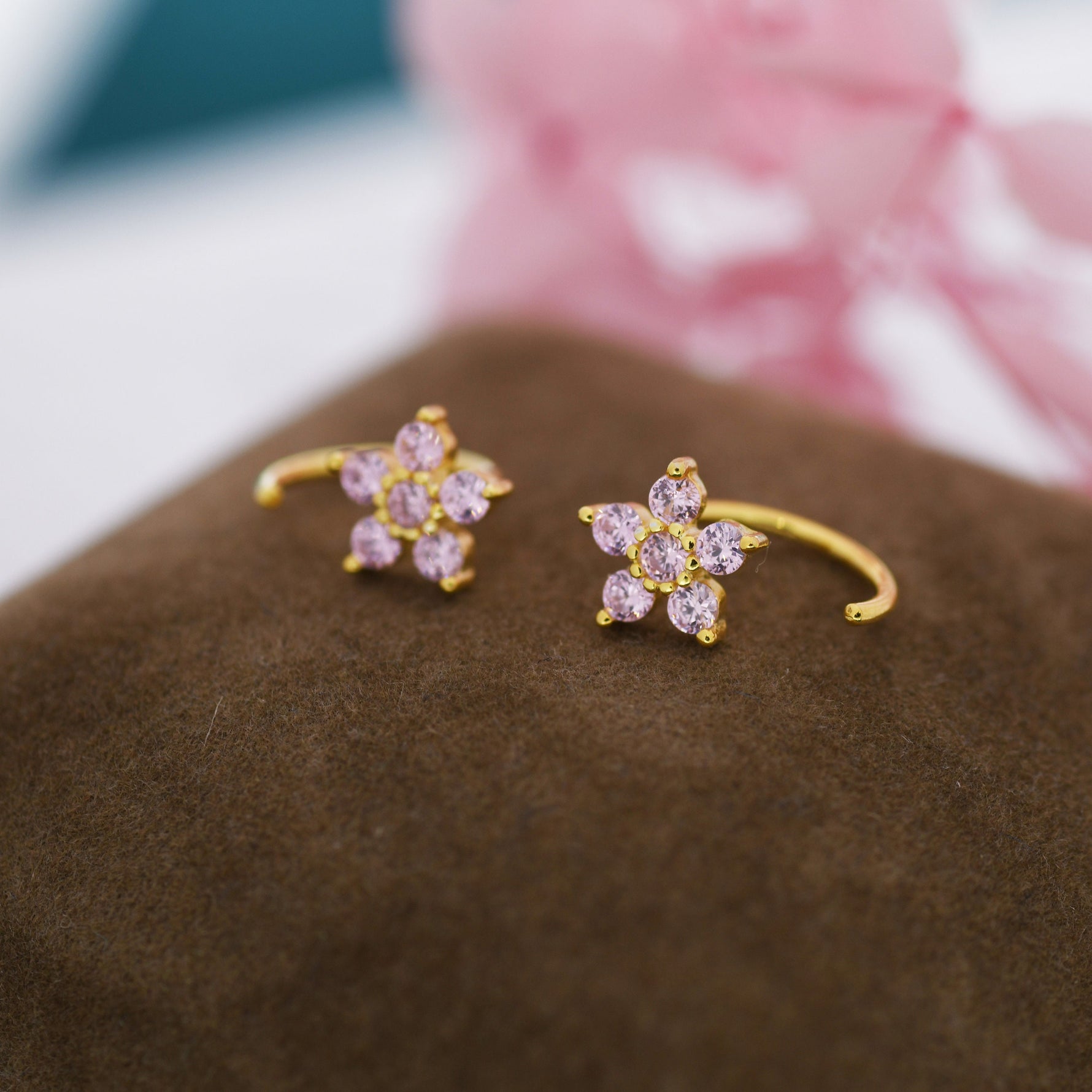 Light Pink CZ Flower Huggie Hoop Earrings in Sterling Silver, Gold or Silver, CZ Flower Threader Hoop Earrings, Pull Through, C Shape