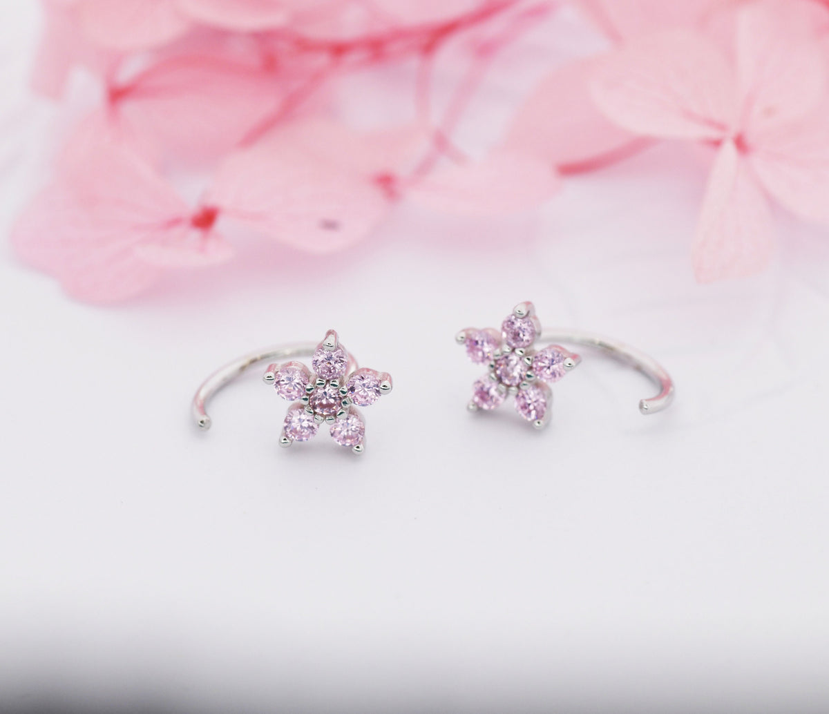 Light Pink CZ Flower Huggie Hoop Earrings in Sterling Silver, Gold or Silver, CZ Flower Threader Hoop Earrings, Pull Through, C Shape