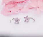 Light Pink CZ Flower Huggie Hoop Earrings in Sterling Silver, Gold or Silver, CZ Flower Threader Hoop Earrings, Pull Through, C Shape