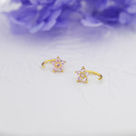 Light Pink CZ Flower Huggie Hoop Earrings in Sterling Silver, Gold or Silver, CZ Flower Threader Hoop Earrings, Pull Through, C Shape