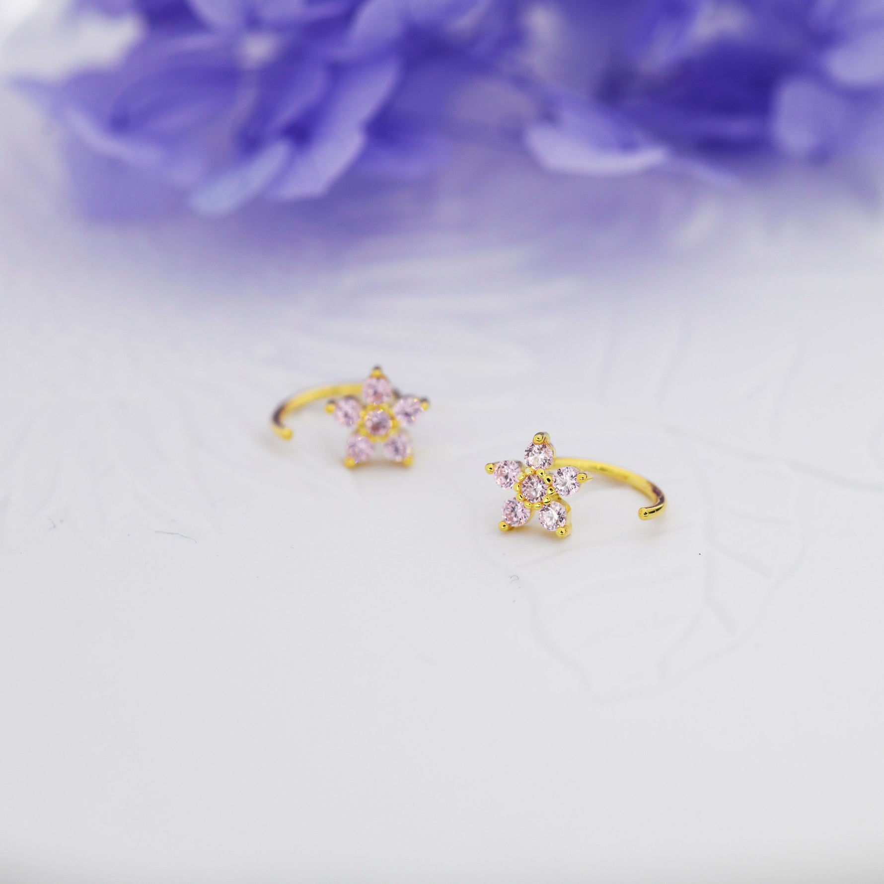 Light Pink CZ Flower Huggie Hoop Earrings in Sterling Silver, Gold or Silver, CZ Flower Threader Hoop Earrings, Pull Through, C Shape