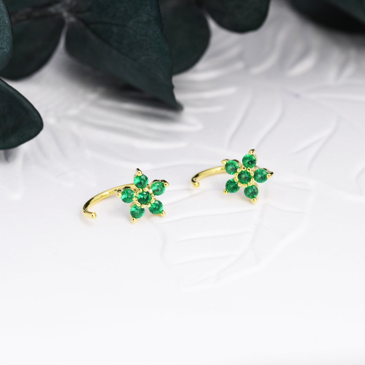 Emerald Green CZ Flower Huggie Hoop Earrings in Sterling Silver, Gold or Silver, CZ Flower Threader Hoop Earrings, Pull Through, C Shape