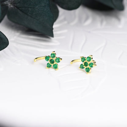 Emerald Green CZ Flower Huggie Hoop Earrings in Sterling Silver, Gold or Silver, CZ Flower Threader Hoop Earrings, Pull Through, C Shape