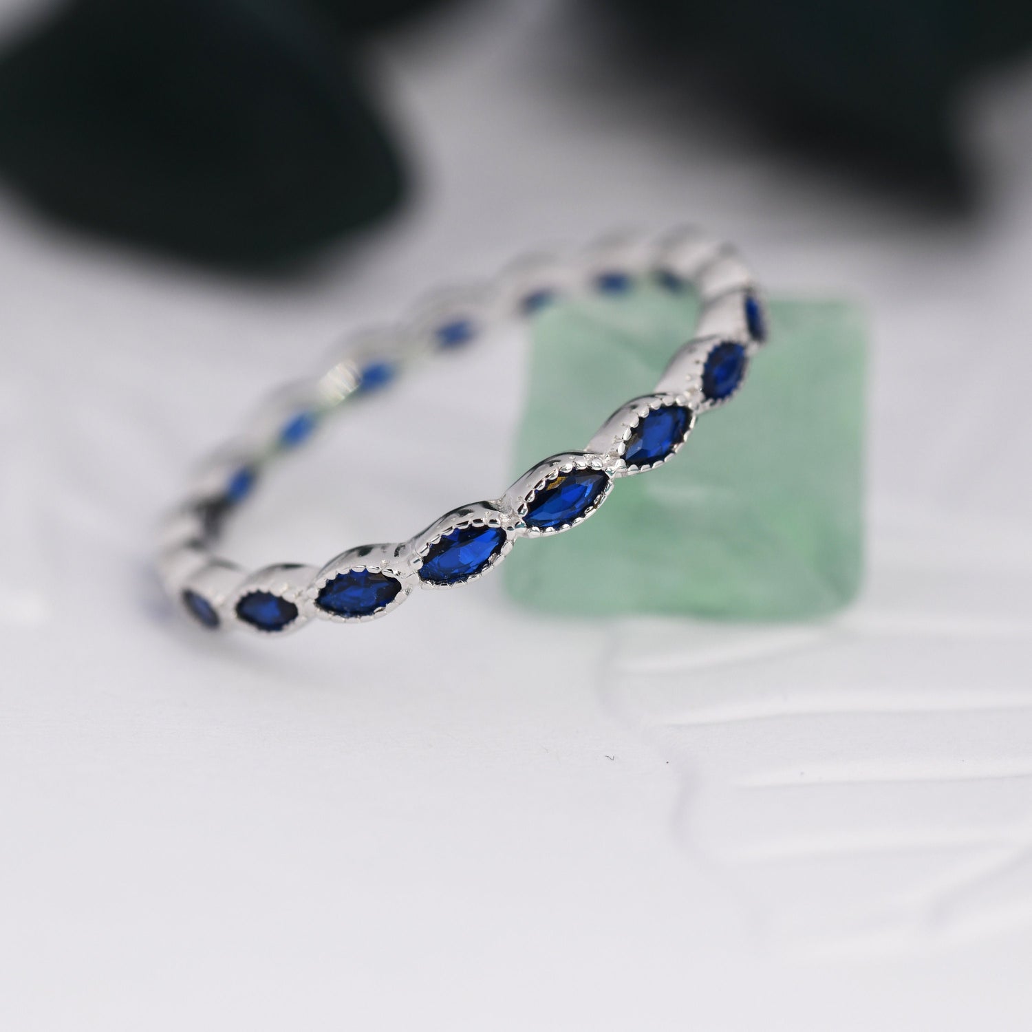 Sapphire Blue Marquise CZ Infinity Ring in Sterling Silver, Skinny Marquise Ring US 5 - 8