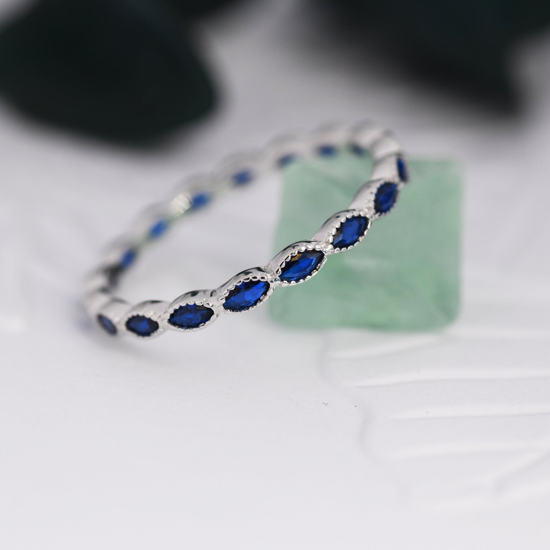Sapphire Blue Marquise CZ Infinity Ring in Sterling Silver, Skinny Marquise Ring US 5 - 8